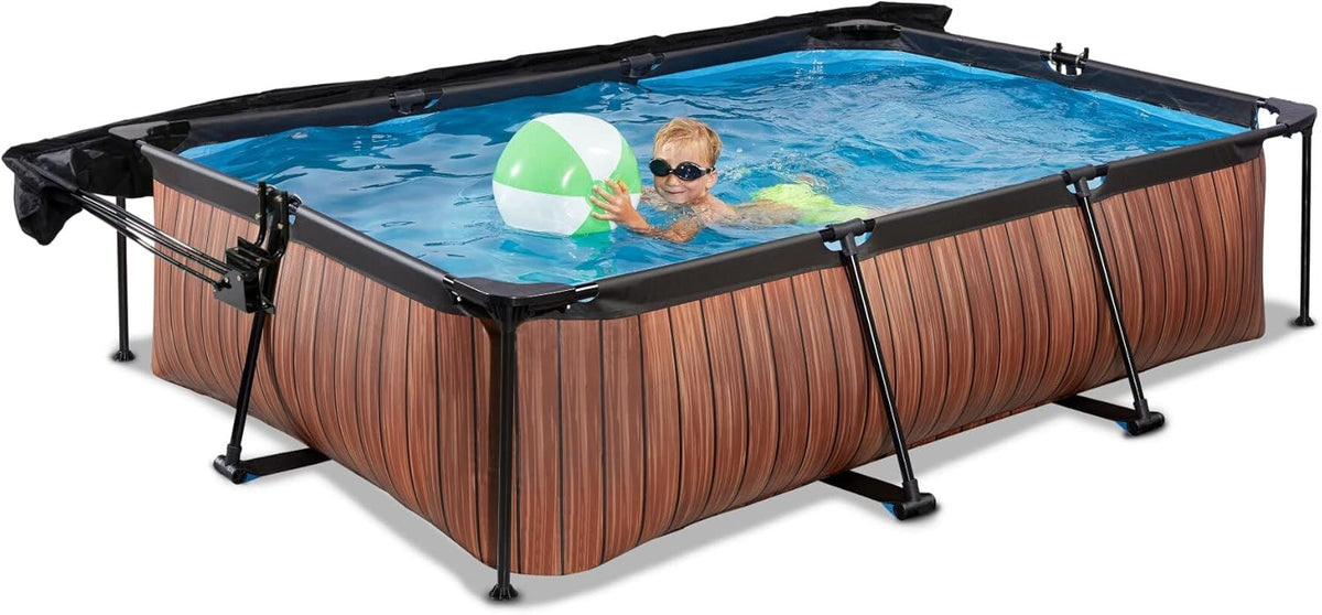 EXIT Toys Basen Drewniany z Daszkiem Słonecznym - 300x200x65cm - Kompaktowy Basen Prostokątny ze Stelażem z Pompą Filtracyjną Kartuszową - Optymalna Ochrona UV - Łatwy Dostęp - Unikalny Design - Brązowy