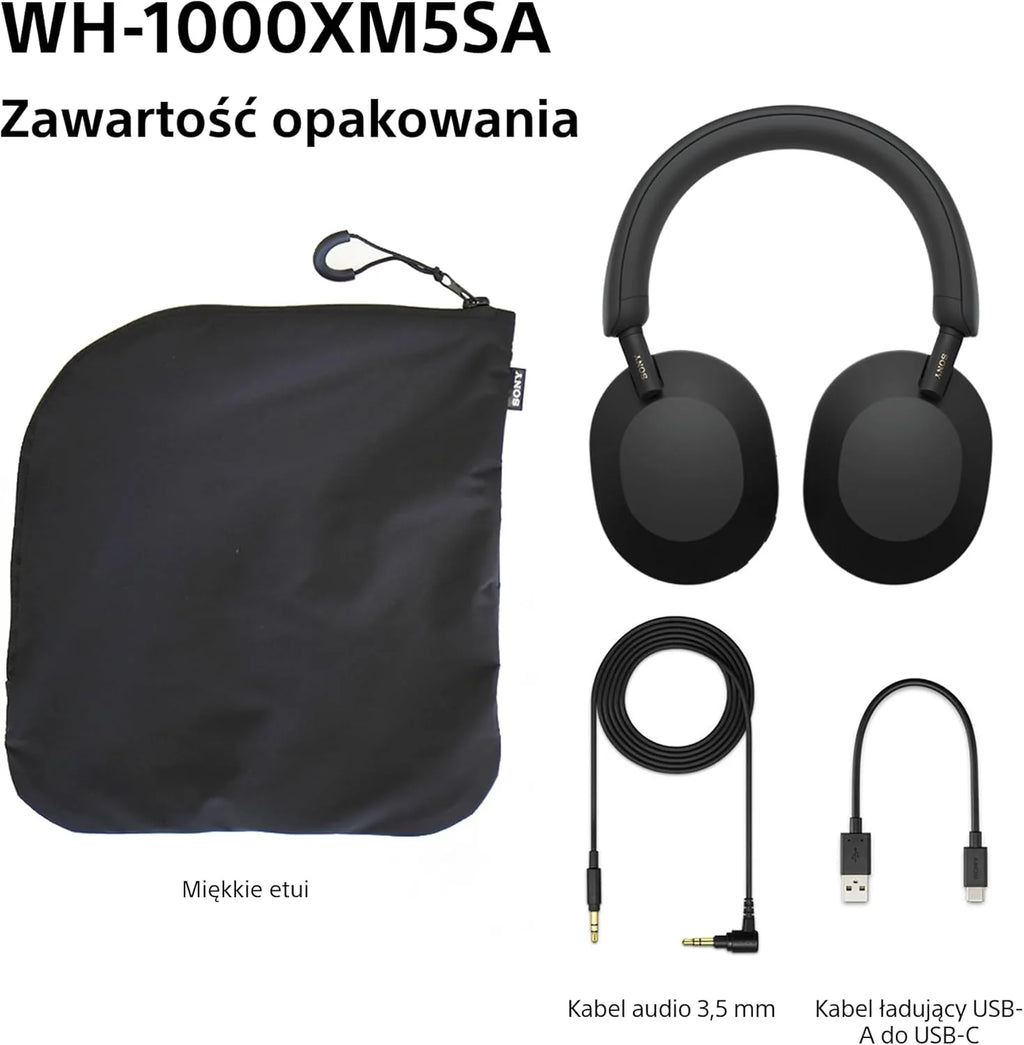 Sony WH-1000XM5 ANC Bezprzewodowe słuchawki nauszne z redukcją hałasu, Bluetooth, krystalicznie czystą jakością rozmów, Hi-Res, do 30 godzin pracy na baterii, szybkie ładowanie, Alexa i Asystent Google, iOS i Android - Czarne