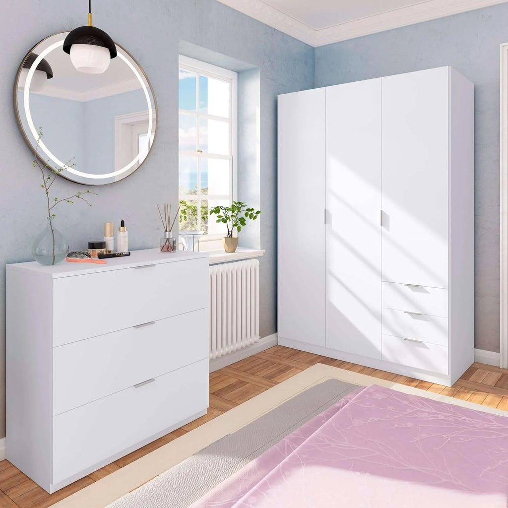 Szafa Habitdesign z trzema drzwiami i trzema szufladami, wykończenie białe arktyczne, wymiary: 121 cm (szer.) x 180 cm (wys.) x 52 cm (gł.)
