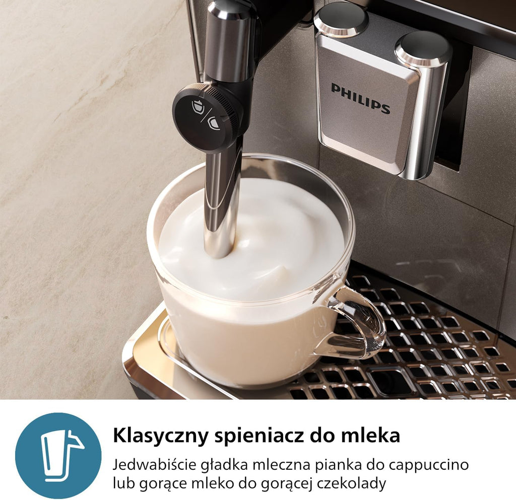Philips 2200 Series Automatyczny ekspres do kawy - 2 rodzaje kawy, wyświetlacz dotykowy, klasyczny spieniacz do mleka, ceramiczny młynek, matowa czerń (EP2220/10)