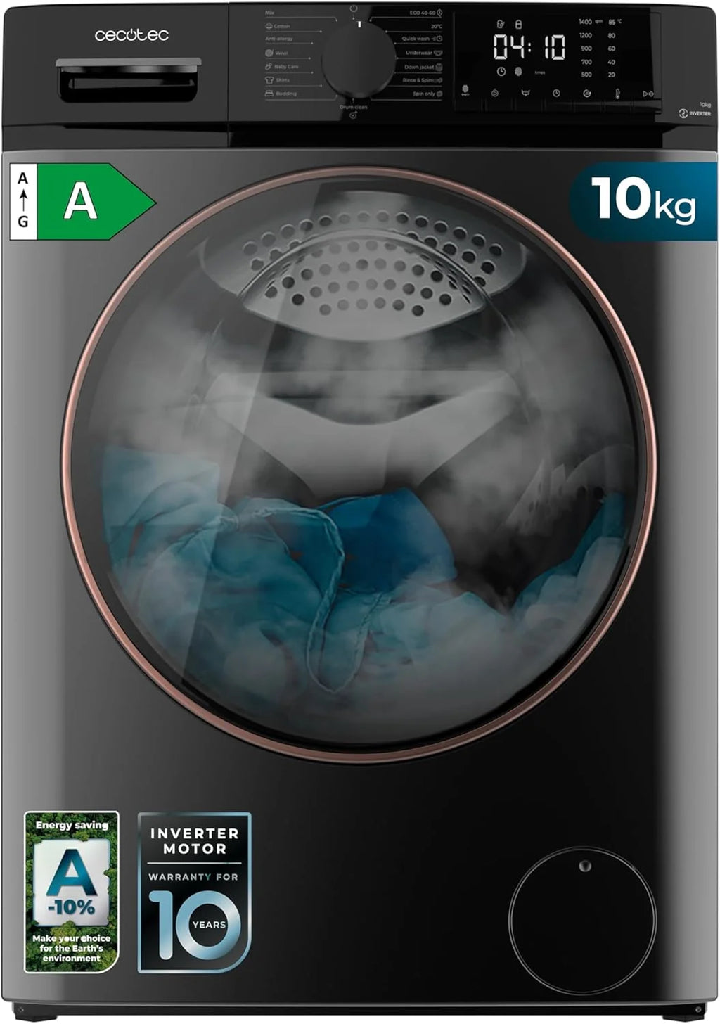 Cecotec Pralka 10kg Ładowana Od Przodu Bolero DressCode 10610 Inverter Steel A. 1400 obr./min, Steam Max, Silnik Inverter Plus, 15 Programów, OnSmart, Smooth Wash, Stop&Go, Uszczelka Antybakteryjna, Drum Clean