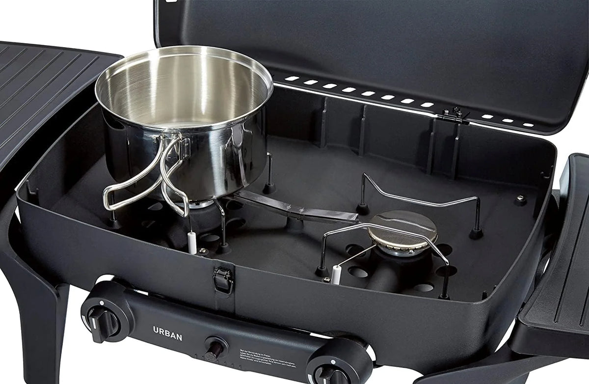 Enders Urban Przenośny Grill Gazowy, Grill Stołowy, 2-palnikowy Grill Gazowy z Pokrywą, Termometrem i Składanymi Półkami Bocznymi, Grill Gazowy do Kempingu, Ogrodu, na Zewnątrz, 30 mbar #209533