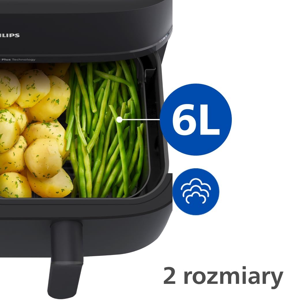 Philips Ovi Dual Basket z parą - Wyjątkowe funkcje gotowania Steamfry, Gotowania na parze, Airfry - 19 sposobów gotowania; pojemność 9L (3L + 6L), RapidAir Plus, automatyczne SteamClean (NA550/00)