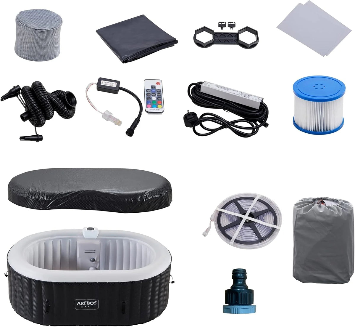 Arebos Wanna z hydromasażem z oświetleniem LED | Dmuchane SPA | Do użytku wewnętrznego i zewnętrznego | 190x120 cm owalna | 2 osoby | 90 dysz masujących | Z ogrzewaniem | 550 litrów | W zestawie pokrywa