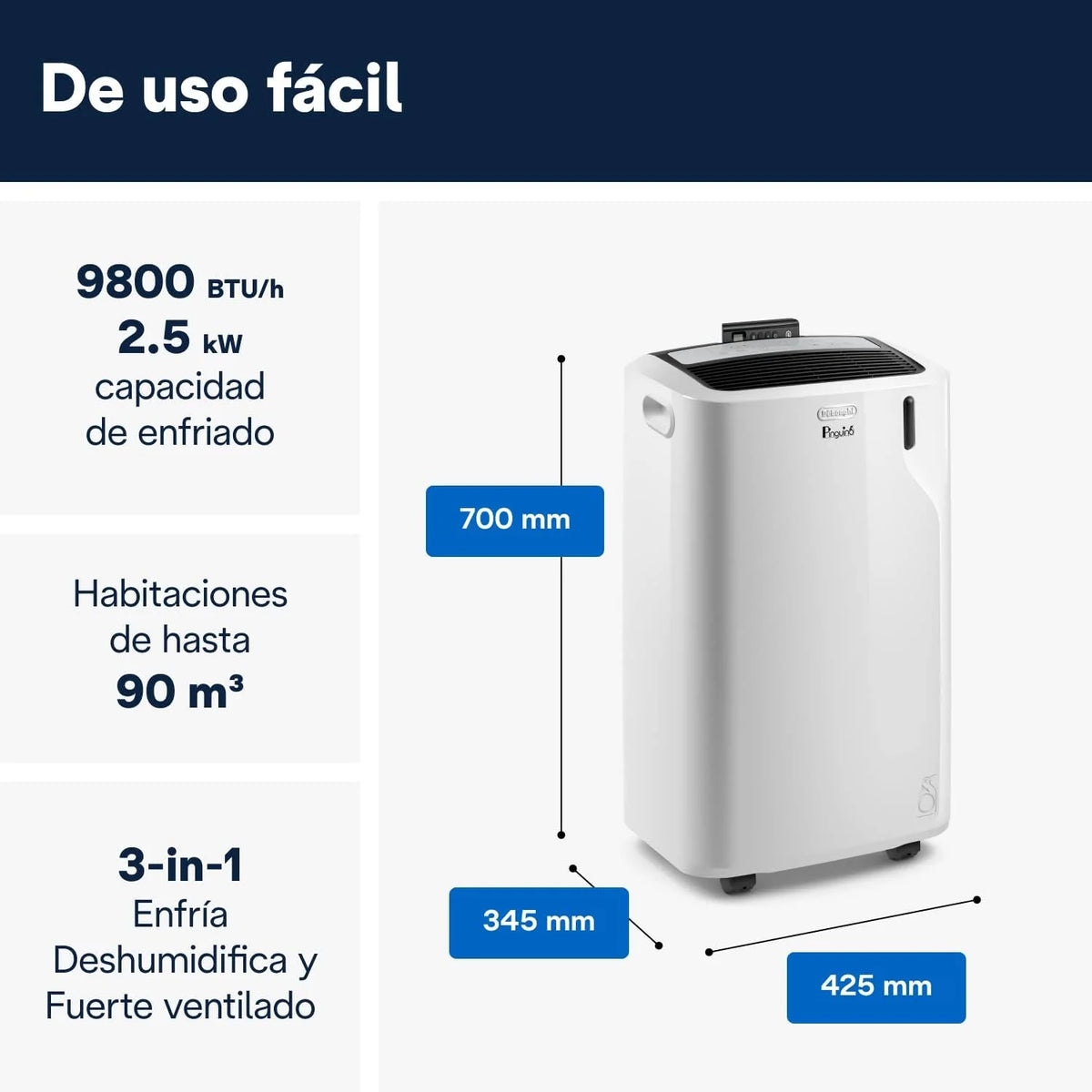 Pinguino PAC EM90K SILENT Przenośny klimatyzator 9.800 BTU/godz., 2.5 kW, do 85m³, Funkcja osuszania i wentylacji