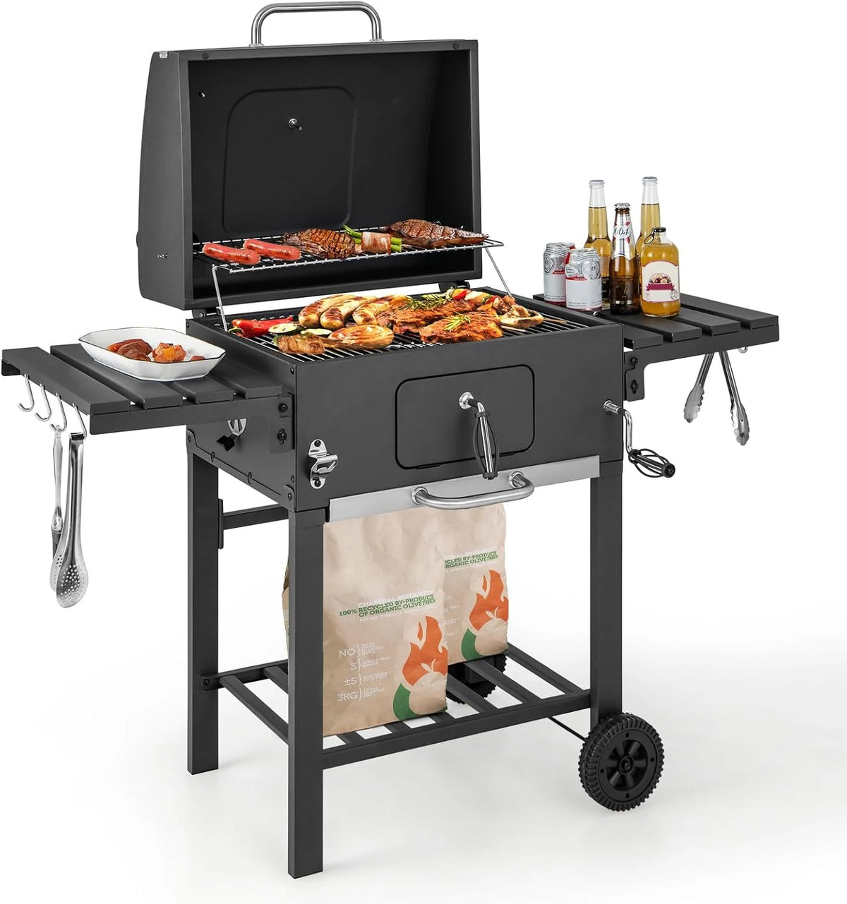 COSTWAY Grill Węglowy XXL, Przenośny Grill Ogrodowy 128 x 54 x 117 cm, z Pokrywą, Termometrem, 2 Składanymi Stolikami Bocznymi, 8 Haczykami, 2 Kółkami i Otwieraczem do Butelek