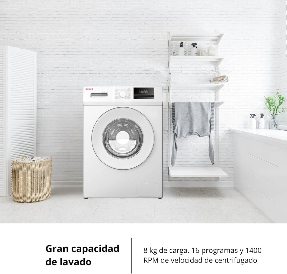Corberó - Pralka Ładowana Od Przodu Premium 8kg | CLT8BL1424 | 1400 obr./min | Silnik Inverter, 16 Programów, Opóźnienie Startu 3-24 Godziny, Szybkie Pranie 15-30 Min., Drzwi XXL | Biały