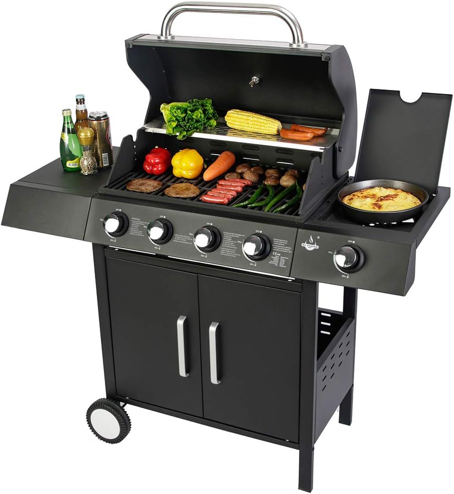 El Fuego® Grill gazowy "San Angelo 4+1", 4 główne palniki + 1 palnik boczny, stal nierdzewna, w zestawie wąż gazowy i reduktor ciśnienia, grill na kółkach, AY 582