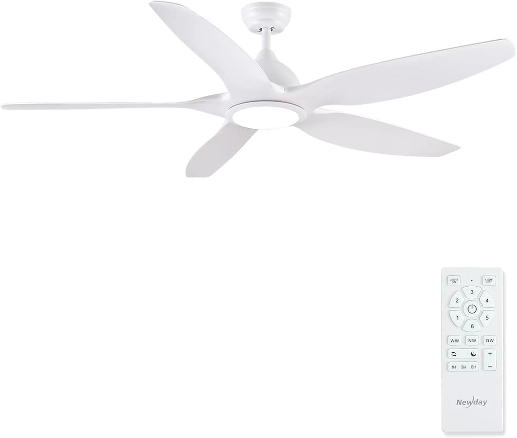 Newday 153cm Duży Biały Wentylator Sufitowy z Oświetleniem i Pilotem, Ściemniacz LED, Odwracalny Silnik DC do użytku latem i zimą, 5 Cichych Łopatek do Sypialni Salonu Balkonu