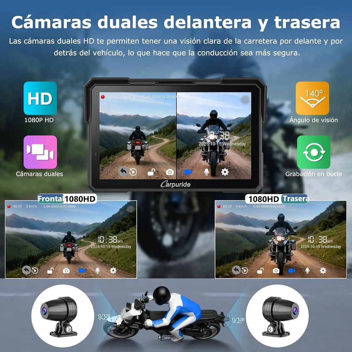 Caruride W702 Plus Android 14 Motocyklowy Wyświetlacz Carplay z Podwójną Kamerą, Bezprzewodowy CarPlay i Android Auto, 7-calowy Wodoodporny Ekran Dotykowy, Dźwięk BT, Nagrywanie w Pętli, Nawigacja Online i Offline.