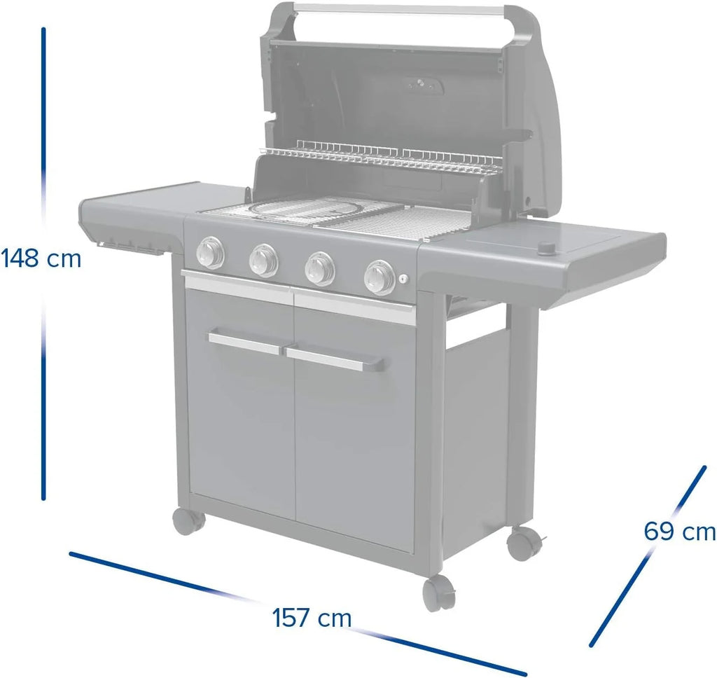 Campingaz Grill gazowy Seria 4 Premium S, grill gazowy z 4 palnikami ze stali nierdzewnej o mocy 13,6 kW, 1 palnik boczny, pokrywa, termometr, InstaClean Aqua, modułowy system kulinarny, kuchenka
