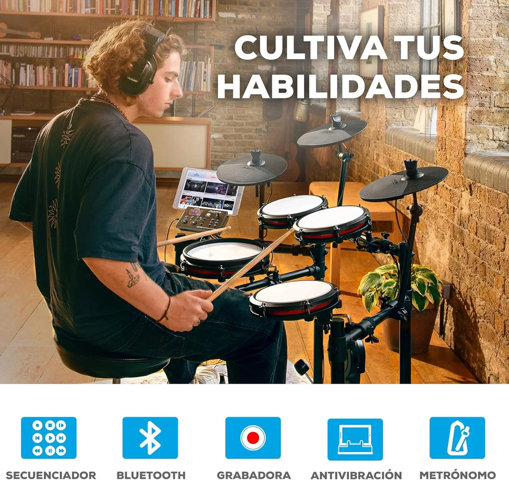 Alesis Nitro Max Kit – Elektroniczna perkusja z cichymi naciągami siateczkowymi, dwustrefowym padem werbla 10", Bluetooth, 440+ autentycznych brzmień, lekcjami Drumeo, USB MIDI, pedałem stopy