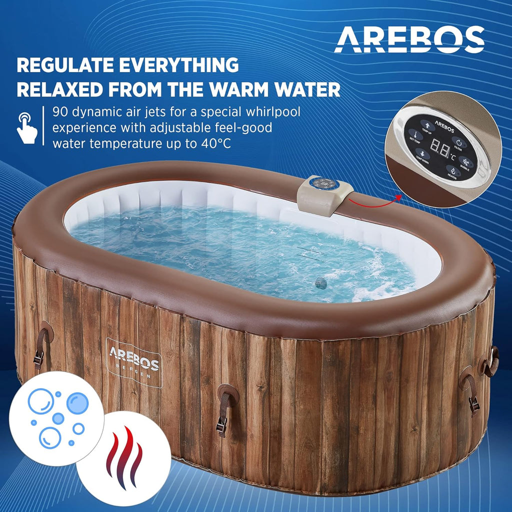 Arebos Whirlpool | Dmuchane SPA | Do użytku wewnątrz i na zewnątrz | Owalne 190x120 cm | 2 osoby | 90 dysz masujących | Z ogrzewaniem | 550 litrów | W zestawie Pokrowiec | Masaż bąbelkowy SPA i Wellness