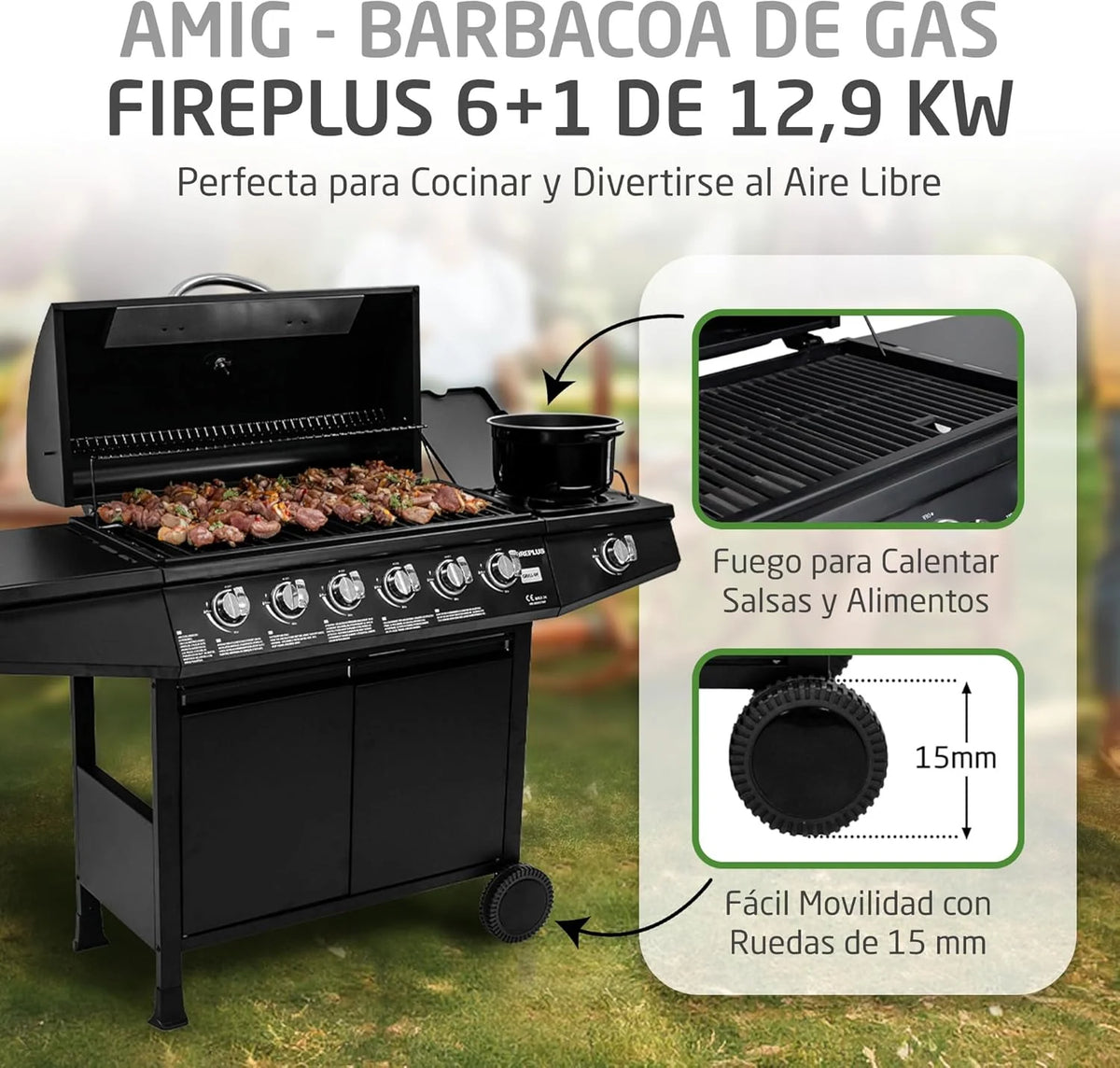 Amig - Grill gazowy Fireplus 6+1 o mocy 12,9 kW - Czarna stal nierdzewna - Ruszt na kółkach Model GRILL-6F - Grill XXL z wózkiem i termometrem - 138x52x103 cm - 7 palników i boczna półka