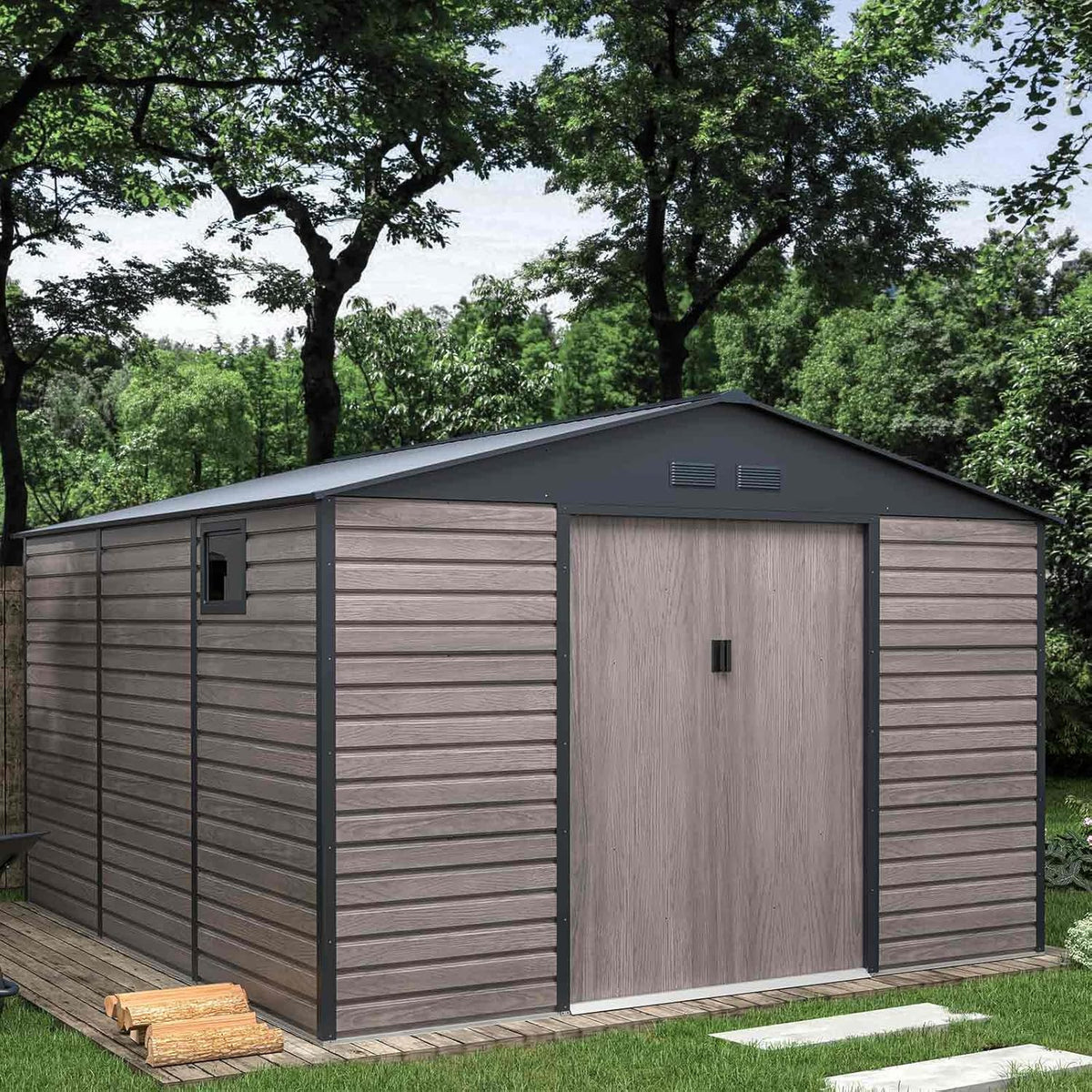 Gardiun Surrey Metalowa Szopa Ogrodowa 13 m2 Zewnętrzna 340x382x226 cm Stalowa z Bocznym Oknem i Efektem Słojów Drewna