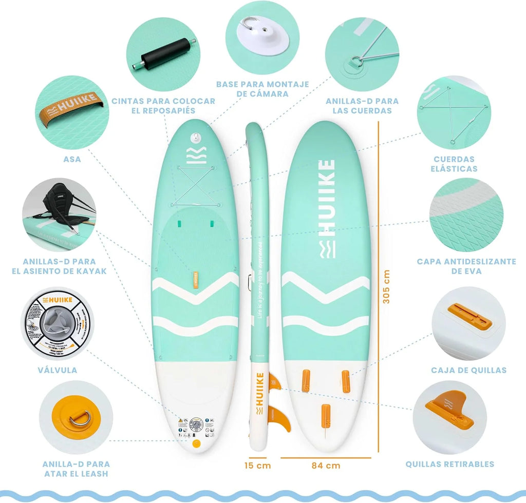 HUIIKE Deska SUP Pompowana z Akcesoriami w Zestawie: Wiosło, Stateczniki, Pompka. Stand Up Paddle Board o Dużej Stabilności i Wytrzymałości. 305 x 84 x 15 cm, Udźwig do 130 kg