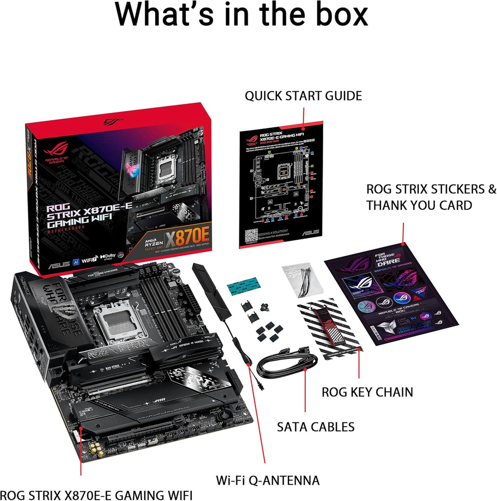 ASUS ROG Strix X870E-E do gier WiFi płyta główna AMD, 18 + 2 stopnie zasilania, gniazdo DDR5, pięć gniazd M.2, PCIe 5.0, procesor graficzny nowej generacji, WiFi 7, USB 20G z PD 3.0 do 30 W, Aura Sync