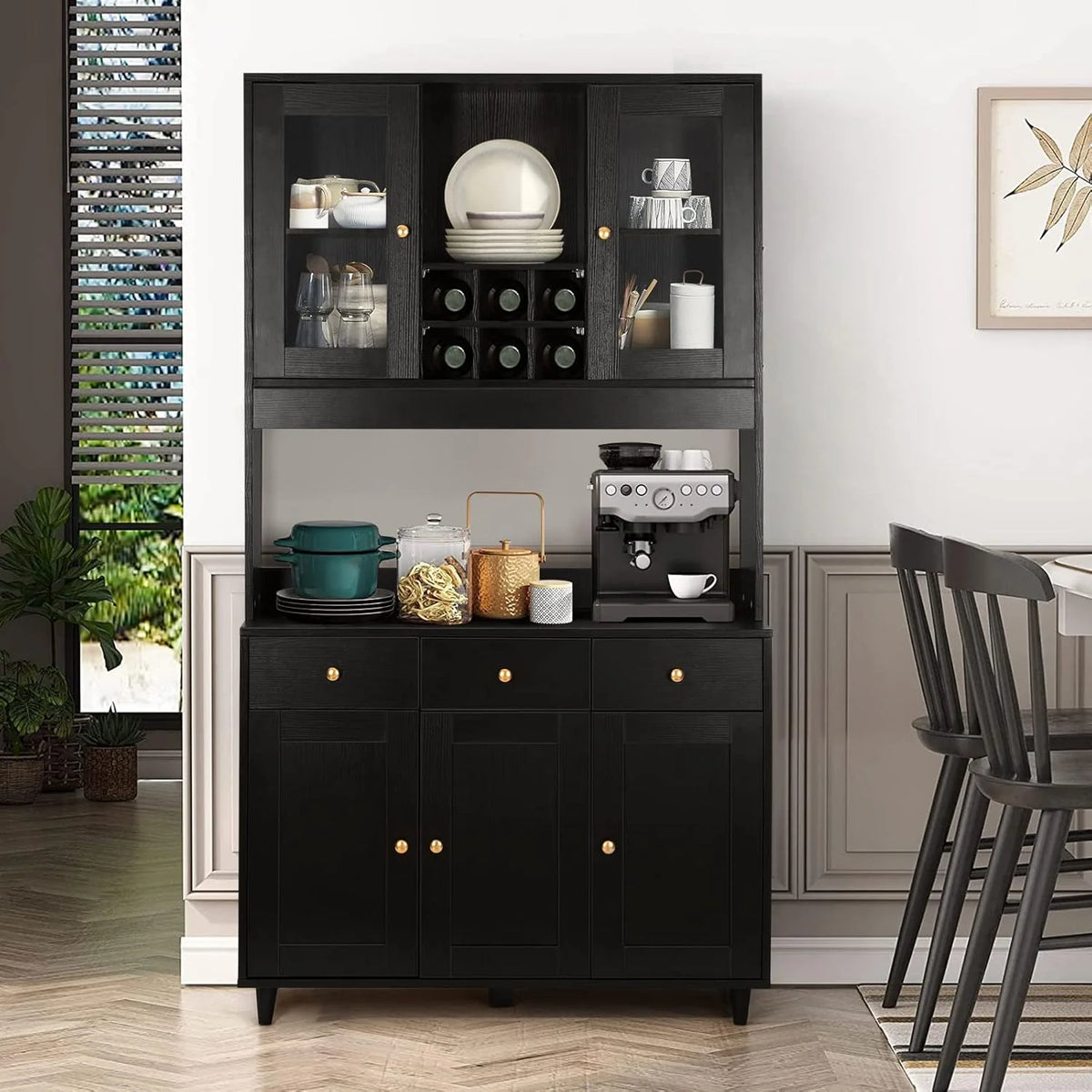 VOWNER Szafka kuchenna/kredens, 100L x 38W x 181H cm, Regał do przechowywania, 5 Drzwi i 5 Regulowanych Półek, Biały