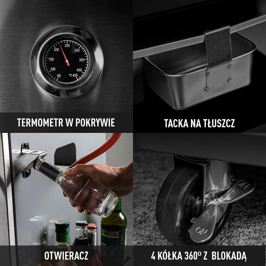 BROWIN® dragON BBQ101 | Grill Gazowy | BBQ | Wielofunkcyjny | Stal nierdzewna | Grill na 4 kółkach | 4 Palniki Główne | Palnik Boczny | 60 x 36,5 cm | 11,7 kW | Czarno-Srebrny