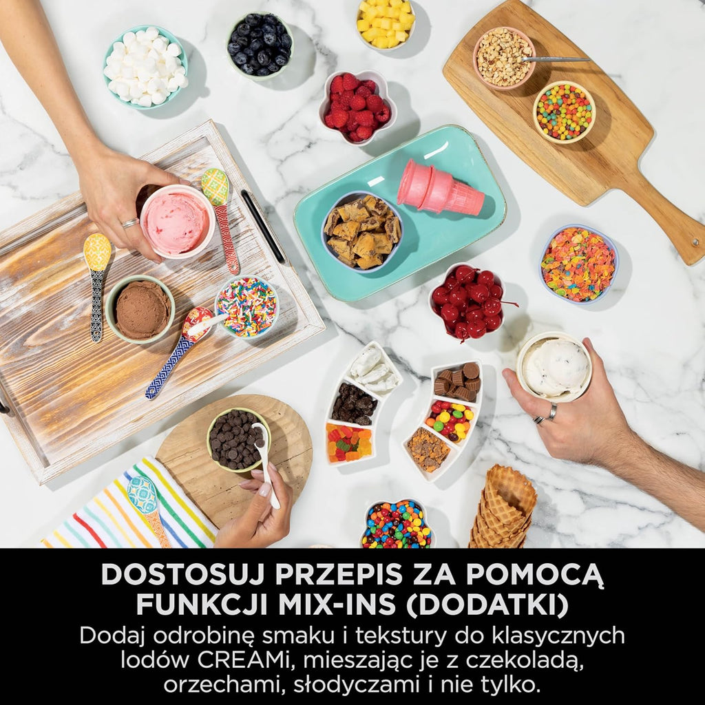 Ninja CREAMI Scoop & Swirl maszynka do lodów z 2 pojemnikami, 13 funkcji, przygotowuje lody, lody włoskie, gelato, sorbety, koktajle mleczne i inne desery, opcja dodatków, Srebrny, NC701EU