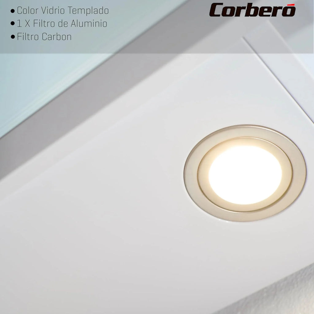 Corberó - Okap Kuchenny 90 cm | VICTORIA960W | 594,2 m3/h| 67db| 165W, |3 prędkości, | Sterowanie dotykowe |Szkło hartowane | Filtr aluminiowy + filtr węglowy | Białe szkło