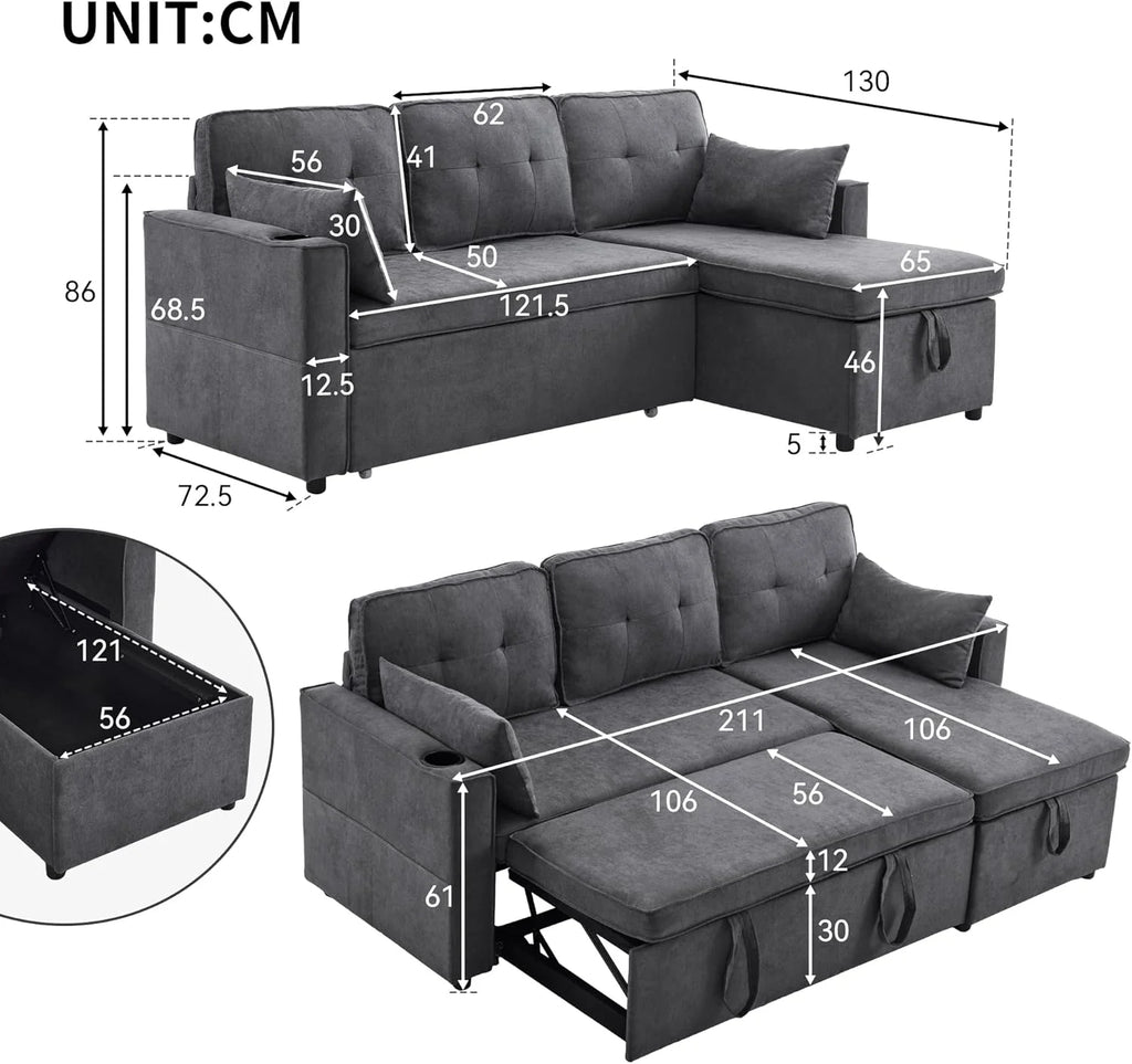 Trzyosobowa rozkładana sofa z uchwytami na kubki i boczną torbą na poręcz, sofa w kształcie litery L, z możliwością zmiany układu na prawą i lewą stronę, kolor szary