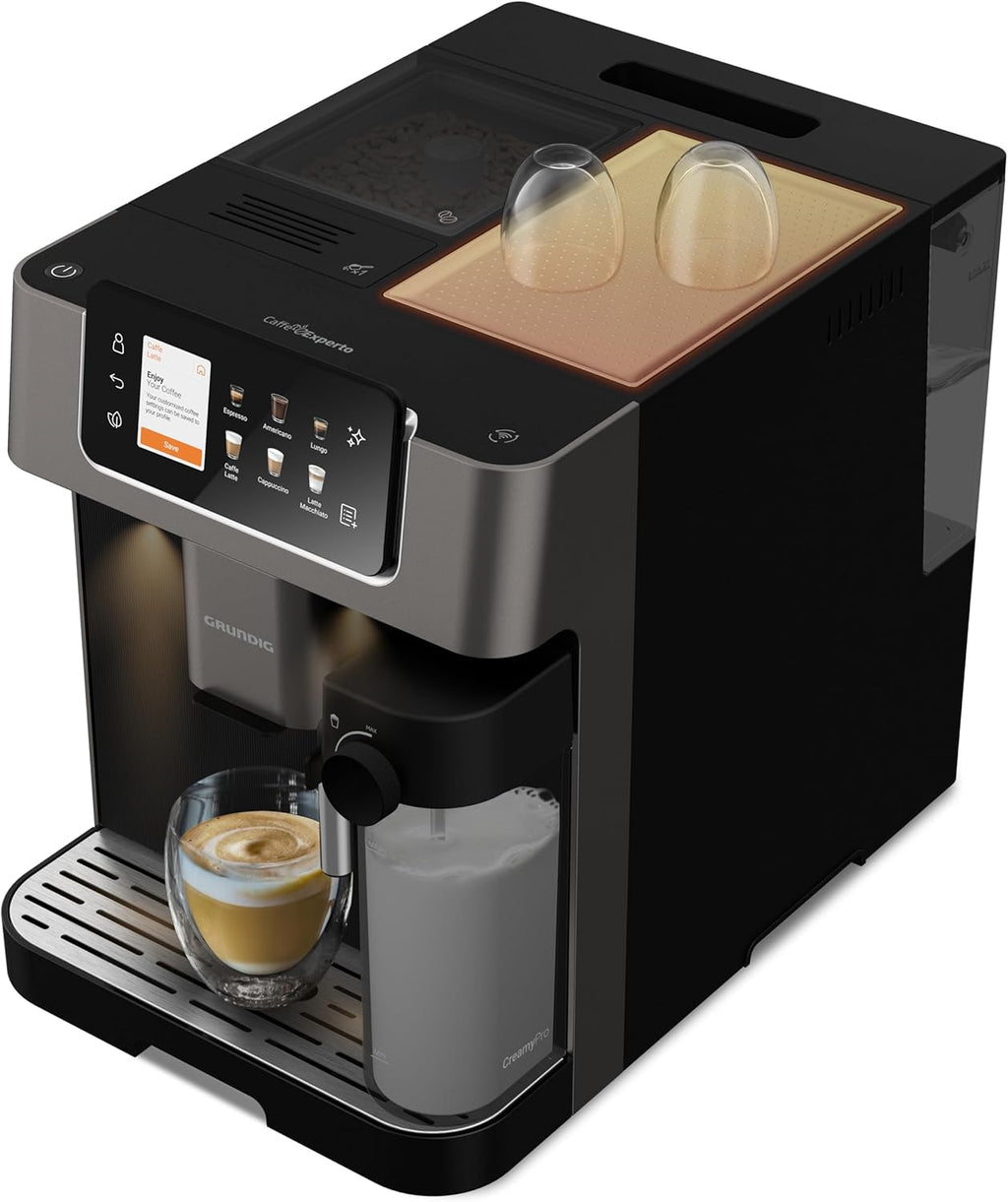 Grundig KVA 7230 ekspres do kawy, 10 specjałów do kawy, 13 stopni mielenia, pojemnik na mleko, wydajny 1350 W, ciśnienie pompy 19 bar, podwójna dysza, oświetlenie, czarny/ciemny srebrny