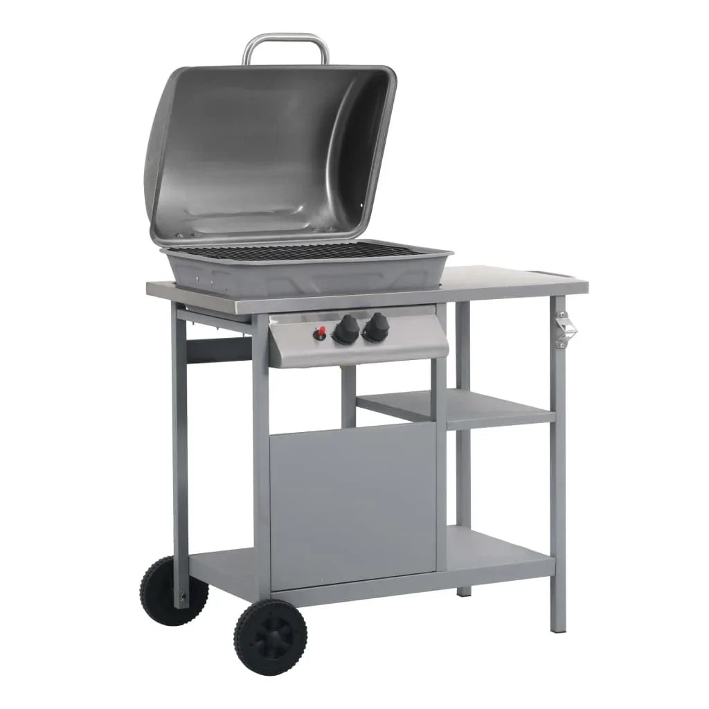 Przenośny grill gazowy ze stolikiem z 3 półkami, srebrny, Vidaxl