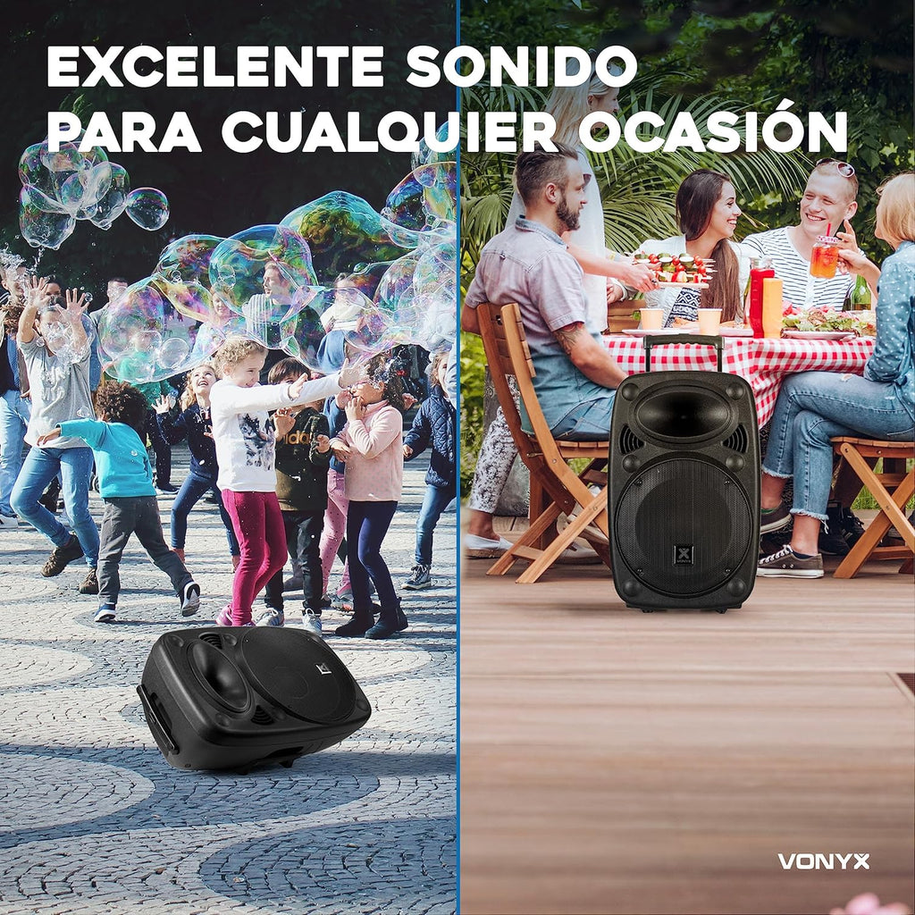 Vonyx Verve46 Mocny Głośnik Bluetooth 1000 W, Przenośny Głośnik Aktywny z Mikrofonem do Karaoke, Głośnik Bluetooth USB, SD, MP3, AUX, 2 Mikrofony UHF, Pilot, Subwoofer 15 Cali, Czarny