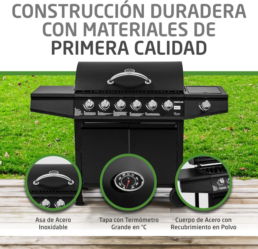 Grill gazowy Fireplus 6+1 12,9 kW – Stal nierdzewna Czarny – Grill na kółkach Model GRILL-6F – Grill XXL z wózkiem i termometrem – 138x52x103 cm – 7 palników i półka boczna