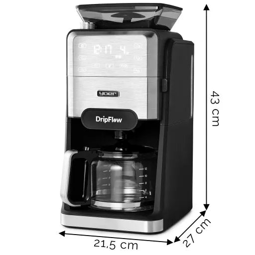 YOER Przelewowy Ekspres do Kawy z Młynkiem Żarnowym 1520W 1,5L i Programatorem