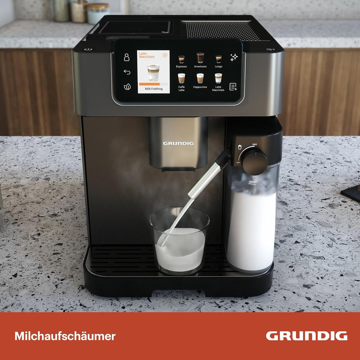Grundig KVA 7230 ekspres do kawy, 10 specjałów do kawy, 13 stopni mielenia, pojemnik na mleko, wydajny 1350 W, ciśnienie pompy 19 bar, podwójna dysza, oświetlenie, czarny/ciemny srebrny