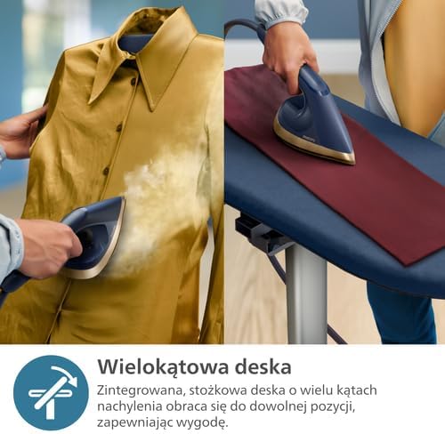 Philips All-in-One Zestaw do Prasowania 8500 – Deska z Regulacją Kąta, Technologia OptimalTEMP, Odłączana Podstawa, Zabija 99,9% Bakterii i Roztoczy, Ciemnoniebieski (AIS8530/20)
