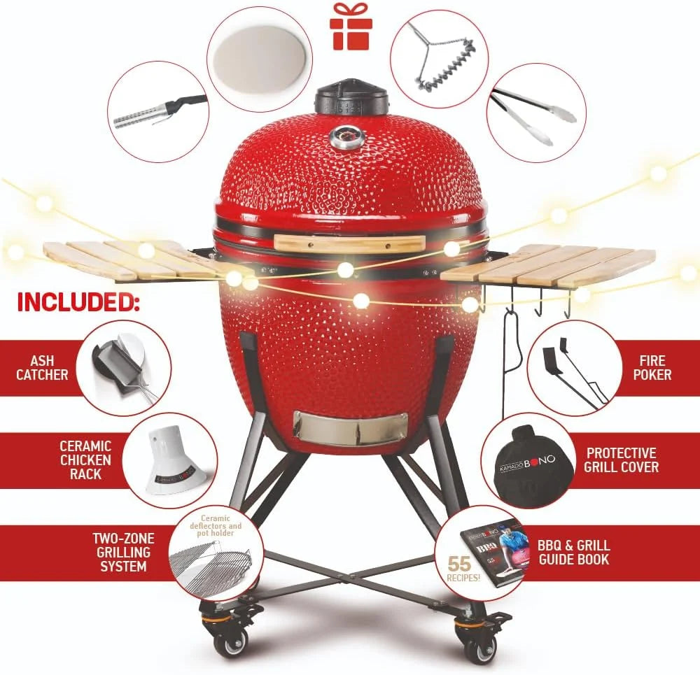Kamado BONO BBQ - Wielki grill XXL z 10 akcesoriami - Ø 59 cm Kamado Grill z Akcesoriami - Czerwony grill wędzarniczy na taras, balkon lub do ogrodu