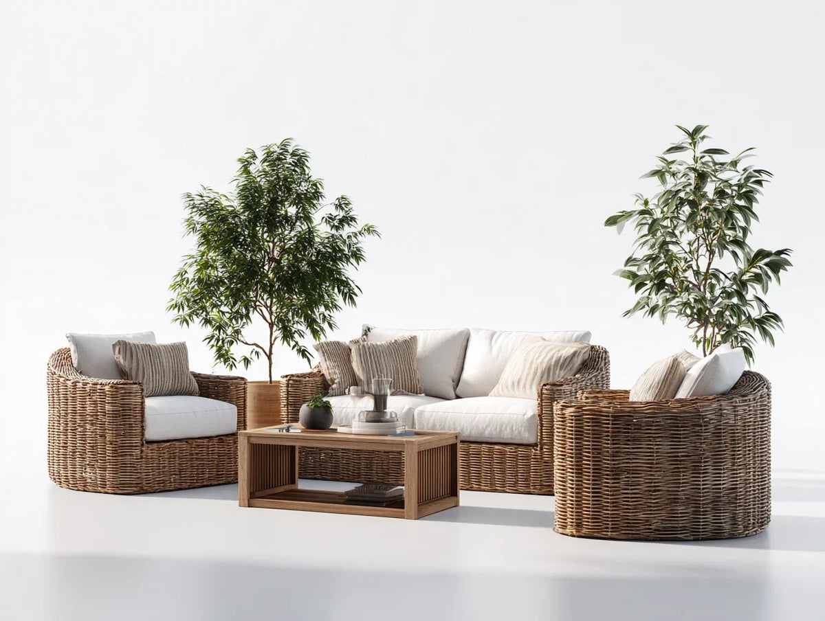 Zestaw mebli ogrodowych z naturalnego rattanu z beżowymi poduszkami i stolikiem kawowym 200x80x75 cm - nowoczesny design do użytku zewnętrznego