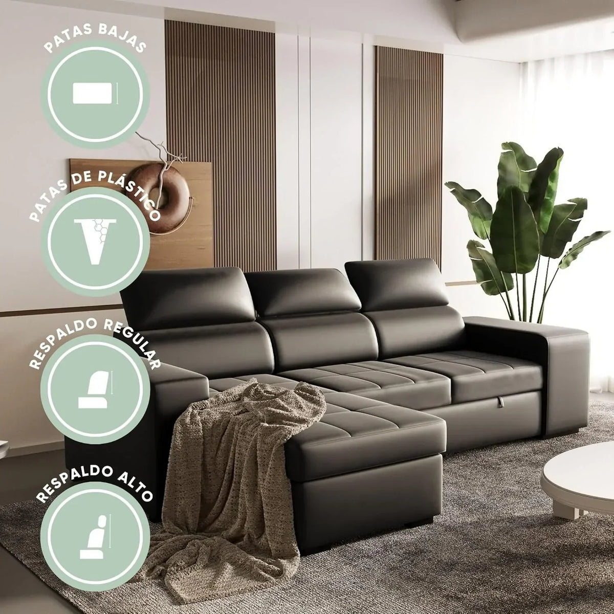 BUDWING John Narożna Sofa Rozkładana 4-osobowa - Odwracalny Szezlong, Regulowany Zagłówek i 2 Pufy – Tapicerka Poliuretanowa – Styl Nowoczesny – 263x161x96 cm – Czarna