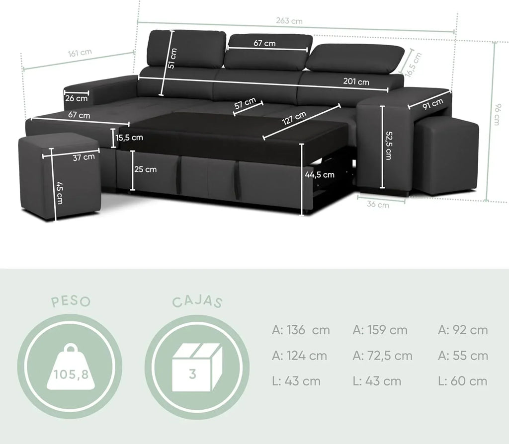 BUDWING John Narożna Sofa Rozkładana 4-osobowa - Odwracalny Szezlong, Regulowany Zagłówek i 2 Pufy – Tapicerka Poliuretanowa – Styl Nowoczesny – 263x161x96 cm – Czarna