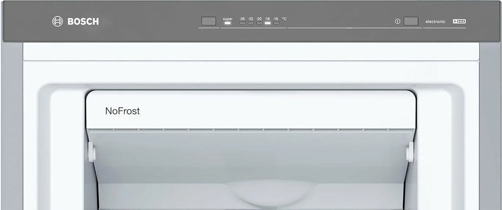 Bosch - Zamrażarka pionowa NoFrost, Seria 4, wys. 186 x szer. 60 cm, 242 L, szuflady BigBox na duże produkty, system MultiAirflow, stal szlachetna, GSN29VIEP