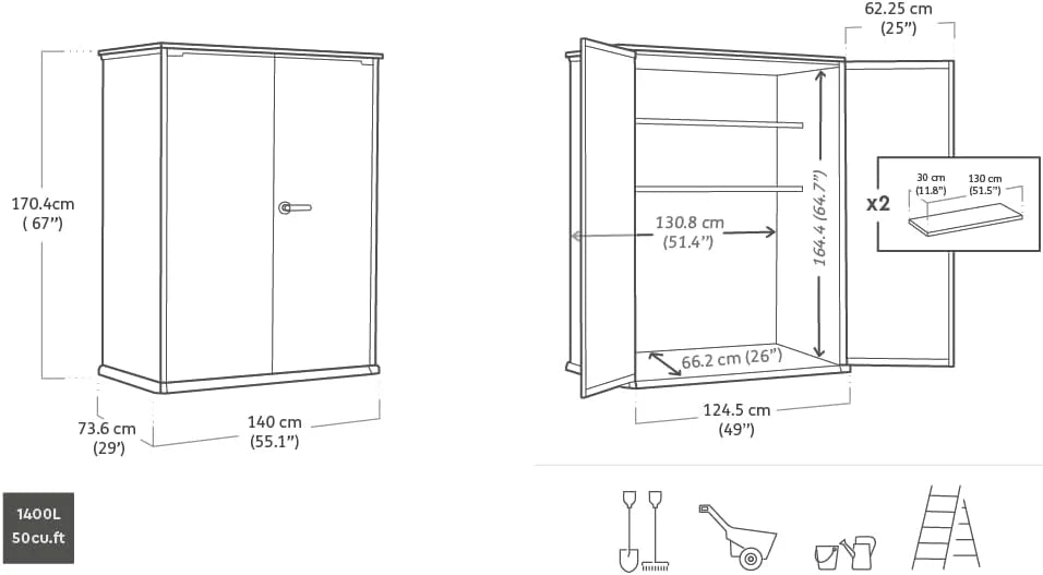Keter High Store Plus - Zewnętrzna szopa ogrodowa, 1400 l, kolor szary, technologia Duotech, ściany nadające się do malowania, 170,4 x 140 x 73,6 cm