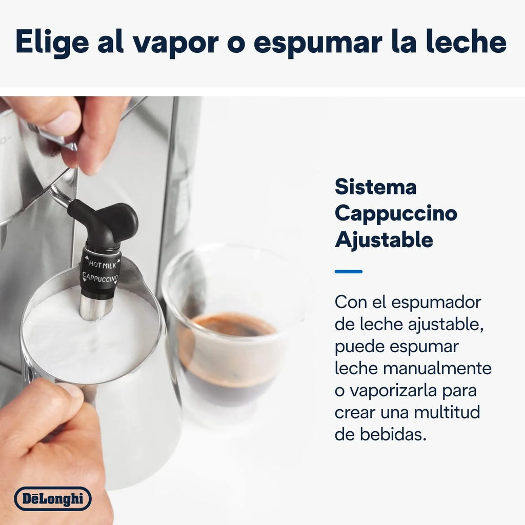 De'Longhi Dedica – Ekspres Kolbowy do Kawy Mielonej lub w Saszetkach, Espresso i Cappuccino, Zbiornik 1.3 Litra, System Anti-Drip, Model EC685.M, Kolor Metaliczny