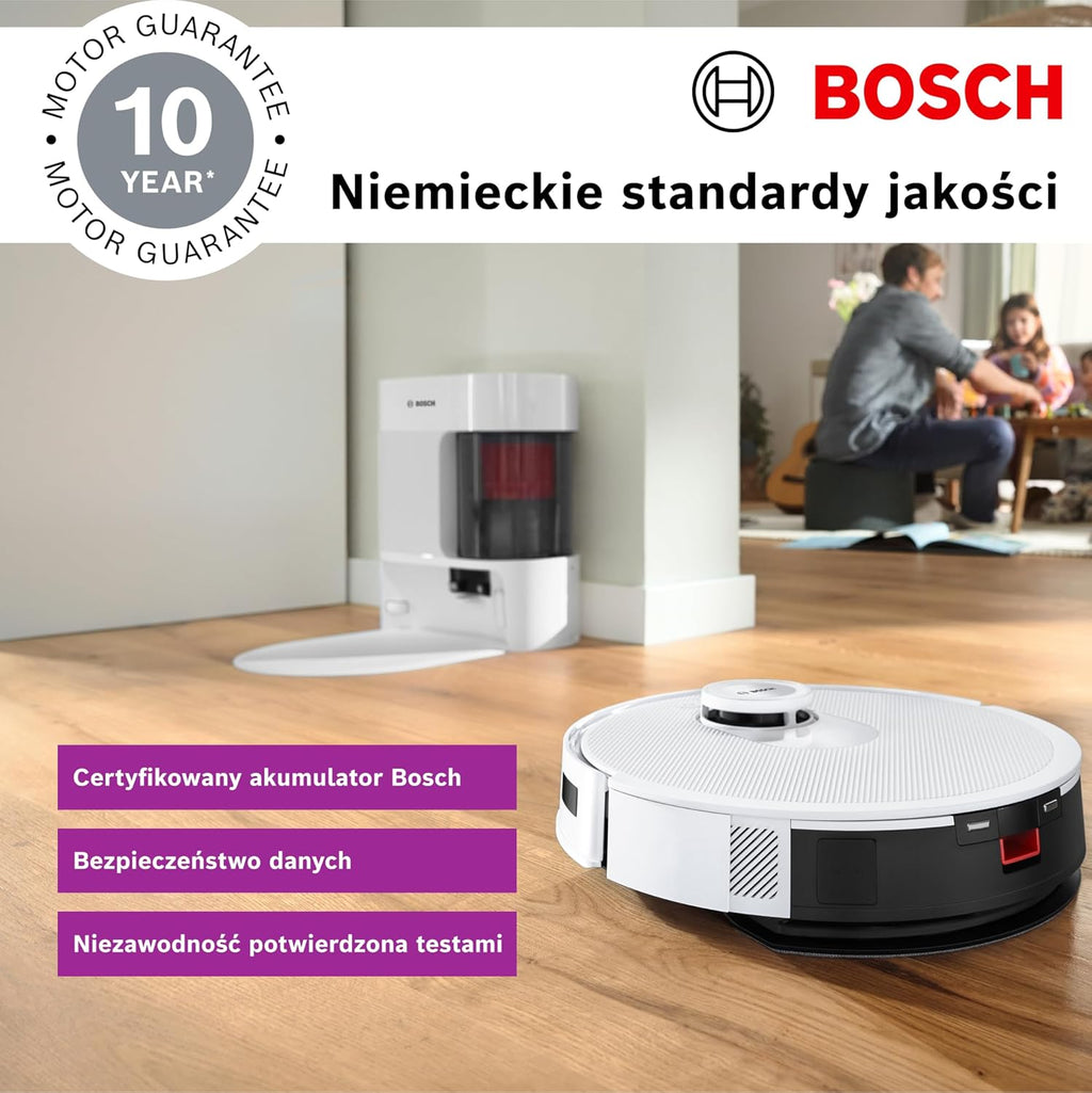 Bosch Spotless+ Robot sprzątający z funkcją mopowania, moc ssania 11 000 Pa, statyczna nakładka mopującą, stacja czyszczącą, nawigacją Smart Vision, aplikacja Bosch Home Connect, BCRD1W, biały