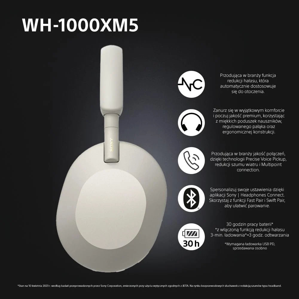Sony WH-1000XM5 ANC Bezprzewodowe słuchawki nauszne z redukcją hałasu, Bluetooth, krystalicznie czystą jakością rozmów, Hi-Res, do 30 godzin pracy na baterii, szybkie ładowanie, Alexa i Asystent Google, iOS i Android - Czarne
