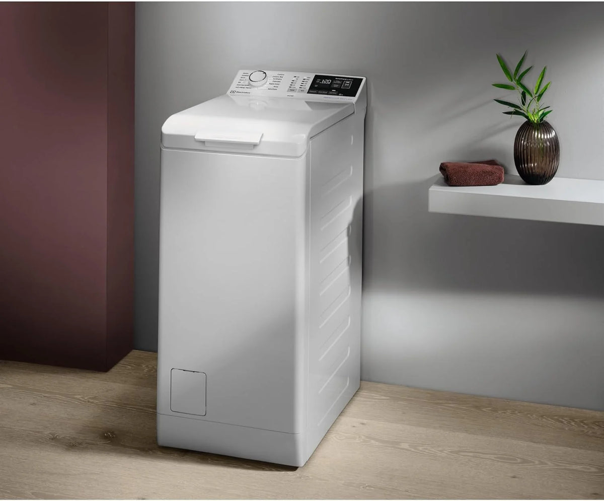 Electrolux EN6T4722NF Pralka ładowana od góry 7 kg, 1200 obr./min, Wolnostojąca, Technologia SensiCare, Funkcja TimeSave, Opóźniony start, Program Anty alergia, Wyświetlacz LCD, Biała, Klasa A