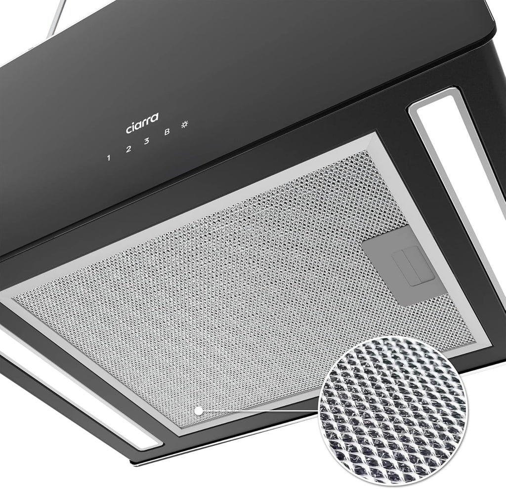 CIARRA CBCB4850 Okap Wyspowy Bezprzewodowy Klasa A+++ 48cm 700m³/h WiFi i Sterowanie Dotykowe Filtr Węglowy w Zestawie 4 Prędkości 2 Lampy LED Czarny