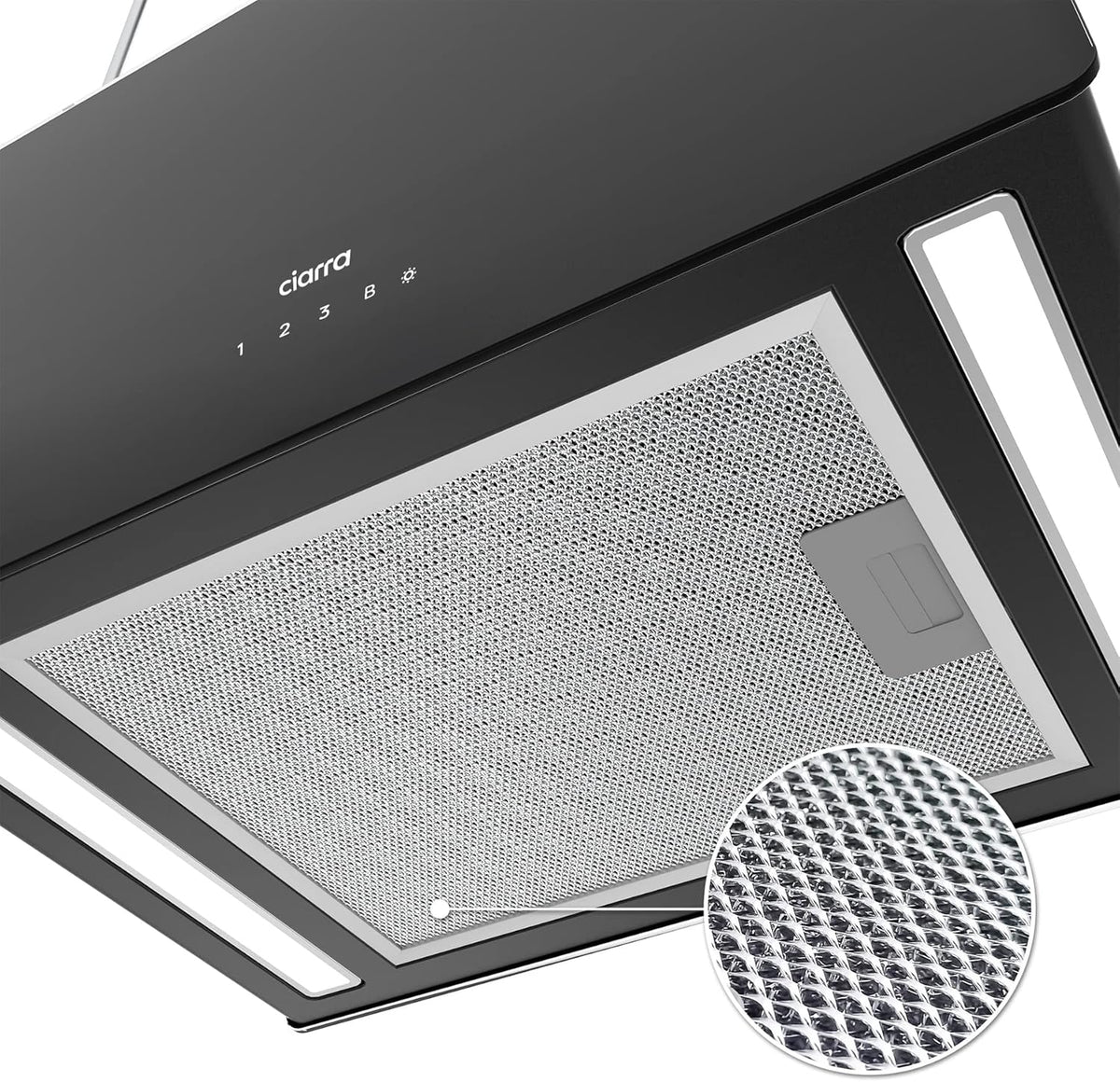 CIARRA CBCB4850 Okap Wyspowy Bezprzewodowy Klasa A+++ 48cm 700m³/h WiFi i Sterowanie Dotykowe Filtr Węglowy w Zestawie 4 Prędkości 2 Lampy LED Czarny