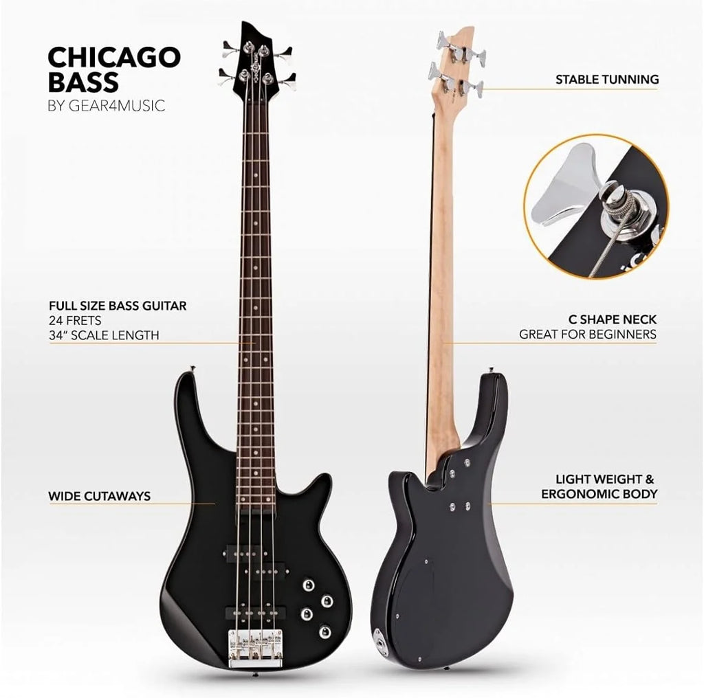 Gitara Basowa Elektryczna Chicago By Gear4music Z Wzmacniaczem 15 W, 4-strunowa, Czarna