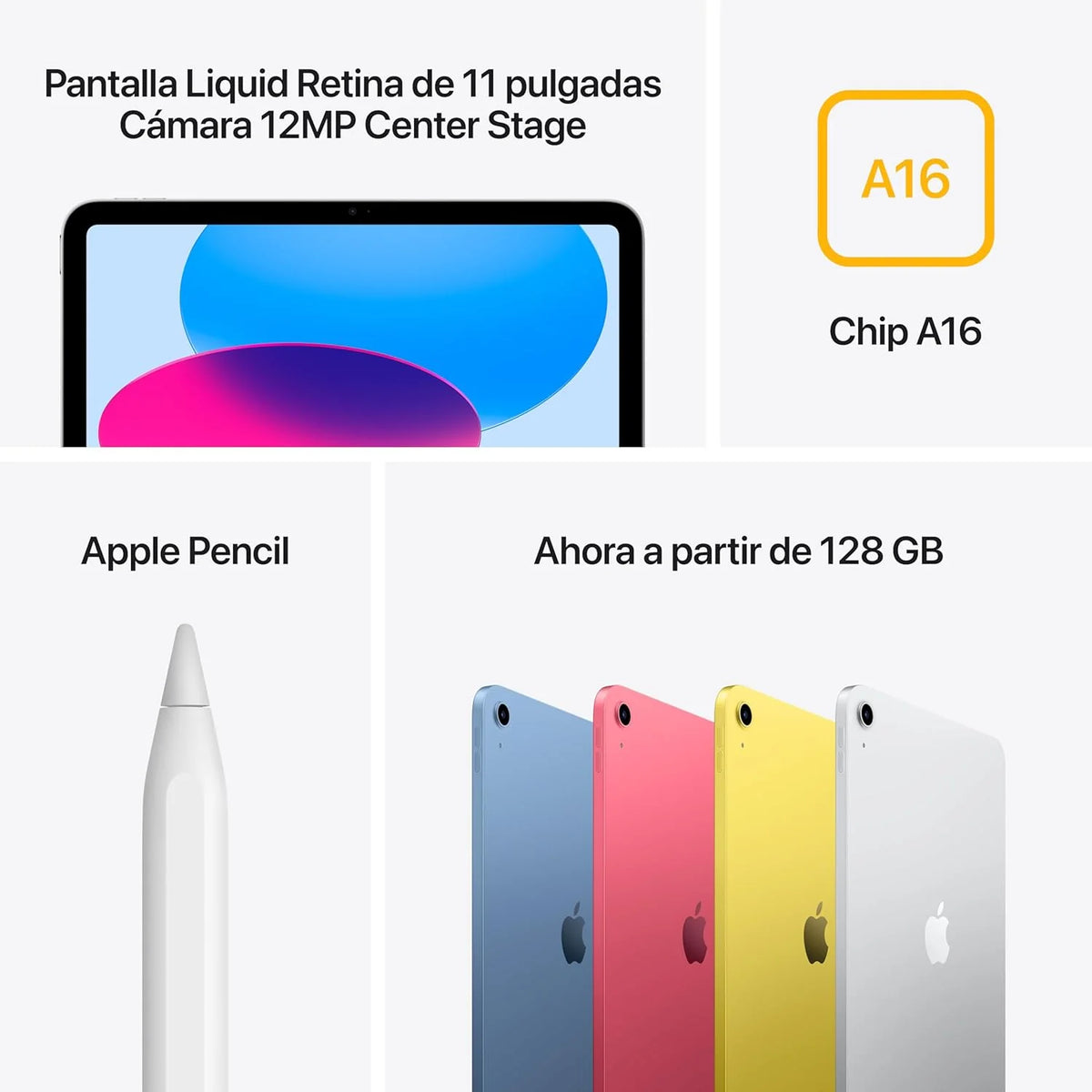 iPad 11 cali: Chip A16, model 11 cali, wyświetlacz Liquid Retina, 128 GB, Wi-Fi 6, aparat przedni i tylny 12 MP, Touch ID, bateria na cały dzień – srebrny