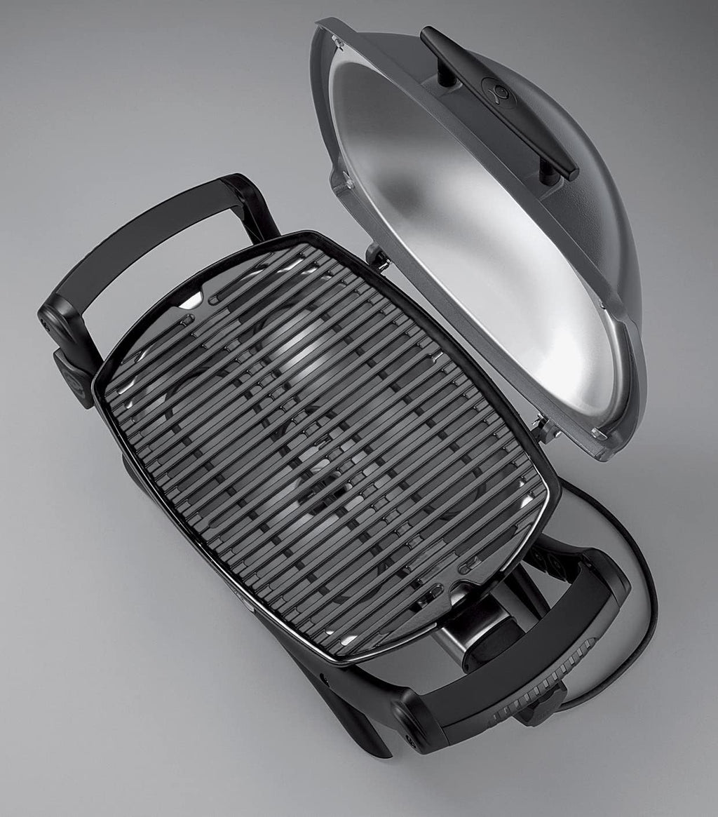Weber Q1400 Elektryczny Grill, powierzchnia grillowania 43 x 32 cm, przenośny BBQ Grill,2-częściowy żeliwny ruszt pokryty emalią porcelanową, pokrywa i obudowa aluminiowa - Ciemnoszary (52020079)