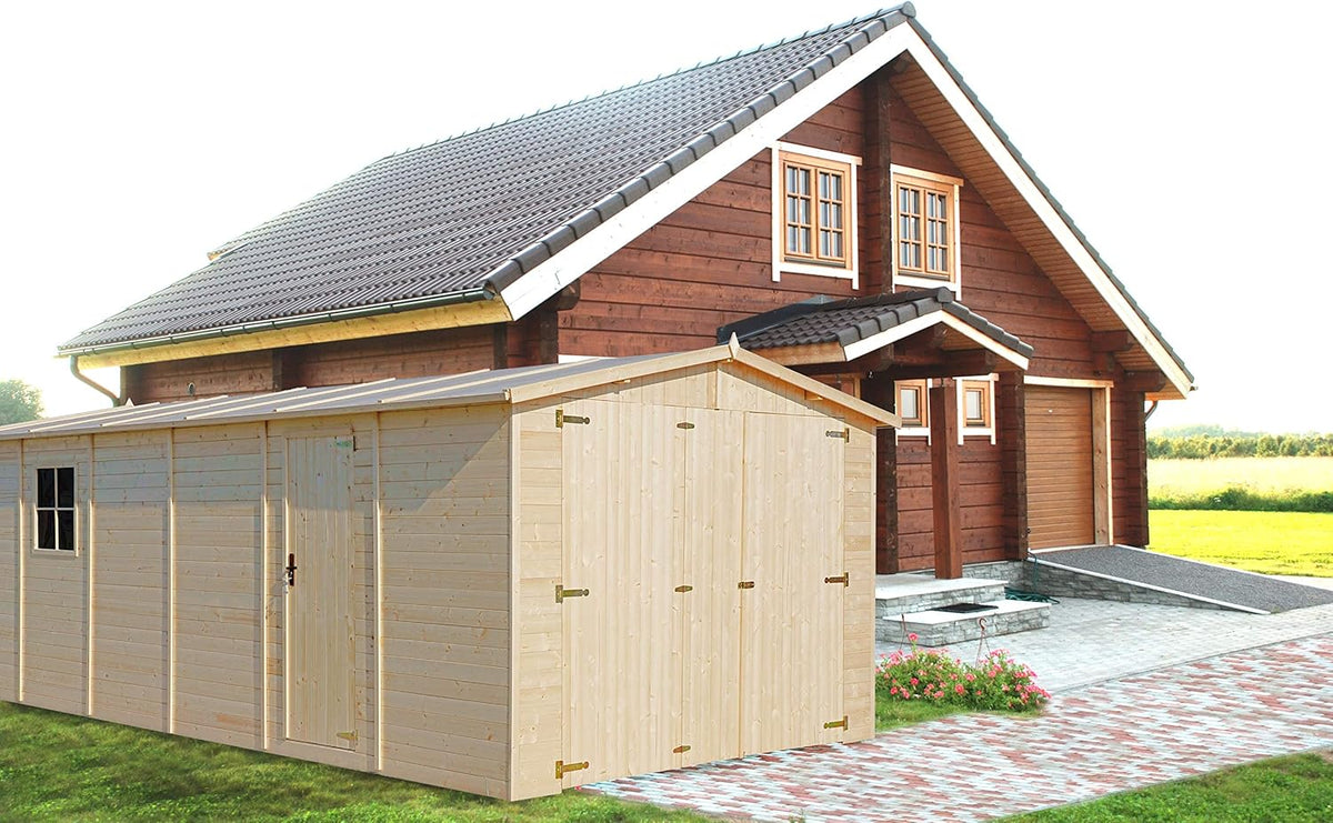 Garaż drewniany naturalny - szopa z drewna sosnowego/świerkowego - A222x616x324 cm / 18 m² - Konstrukcja panelowa - Warsztat ogrodowy - Garaż samochodowy, szopa na narzędzia - TIMBELA M102