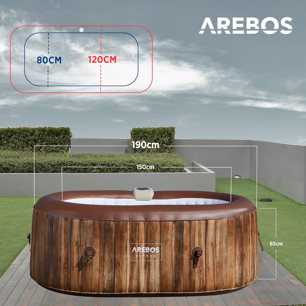 Arebos Whirlpool | Dmuchane SPA | Do użytku wewnątrz i na zewnątrz | Owalne 190x120 cm | 2 osoby | 90 dysz masujących | Z ogrzewaniem | 550 litrów | W zestawie Pokrowiec | Masaż bąbelkowy SPA i Wellness